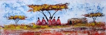 Ogambi Fünf Maasai unter Acacia mit Textur Ölgemälde
